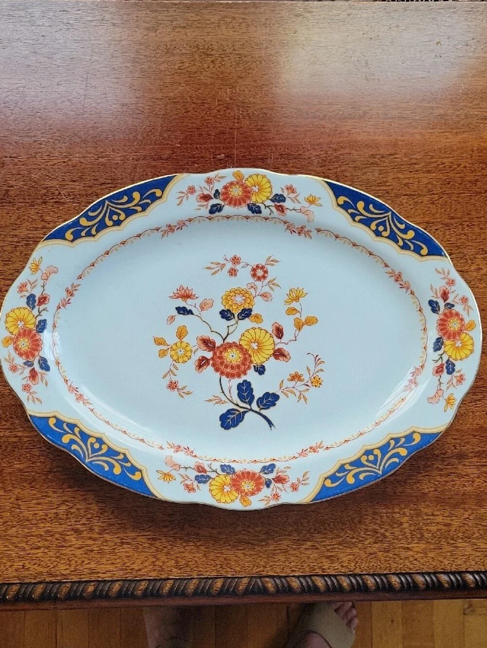 Vintage Floral Porcelain Serving Platter in Blue, Yellow and Orange